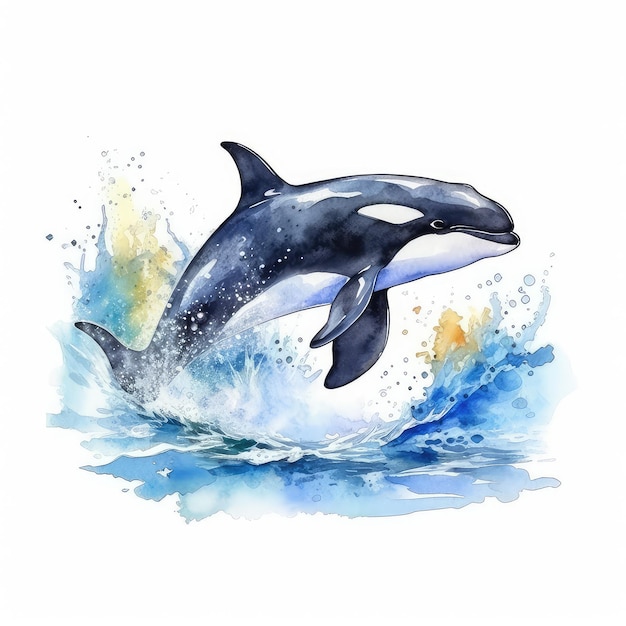 Ilustración de orca dibujada a mano en acuarela