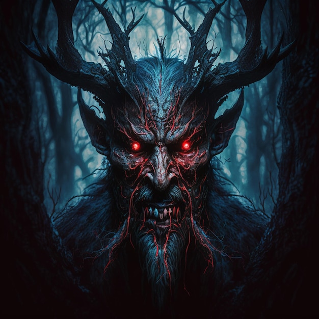 Una ilustración oscura de un demonio con ojos rojos y un ojo rojo brillante.