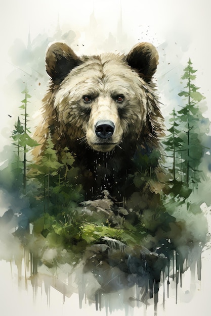 Ilustración oso en acuarela Animal en un fondo blanco IA generativa