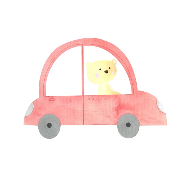 Foto ilustración de un oso en un coche rojo dibujado a mano por una imagen aislada de acuarela de osos que montan un coche