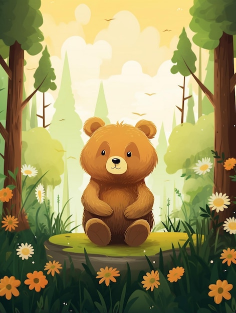 Ilustración de oso con fondo de bosque