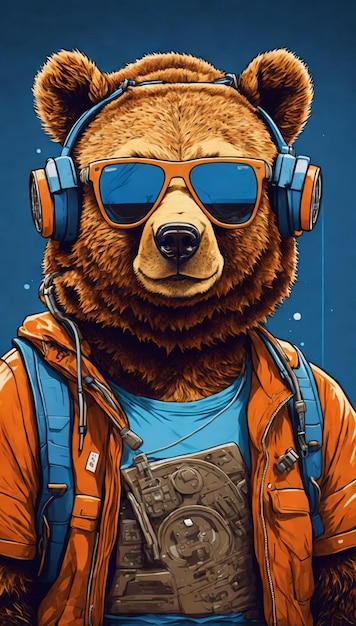 Ilustración de oso con gafas de sol y diseño gráfico boom box.