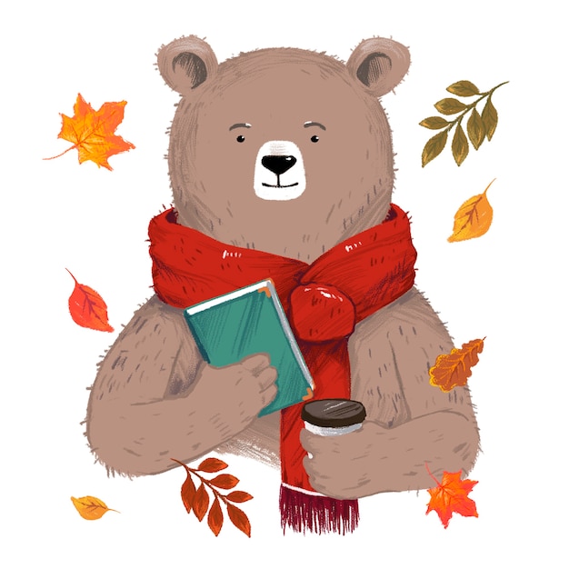 Ilustración de oso con un libro y café rodeado de hojas aisladas