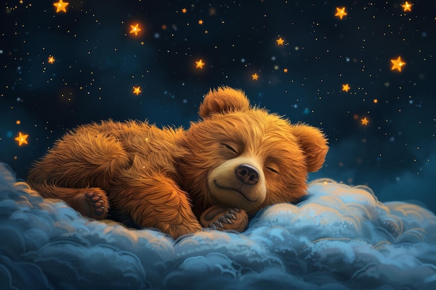 Foto una ilustración de un oso lindo durmiendo en una nube entre las estrellas