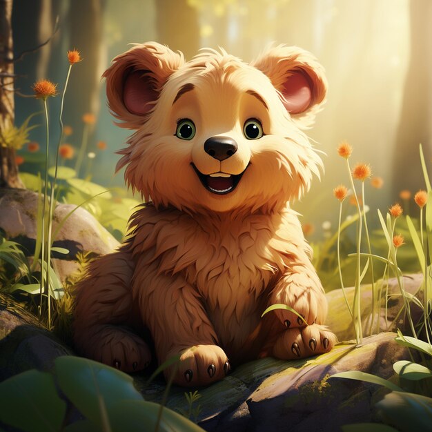 Ilustración de oso lindo de estilo 3D con un bosque