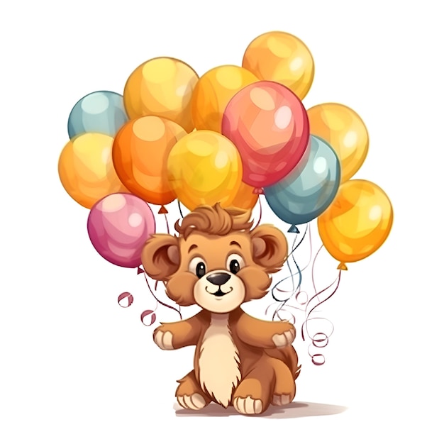 Ilustración de un oso de peluche con globos sobre un fondo blanco.