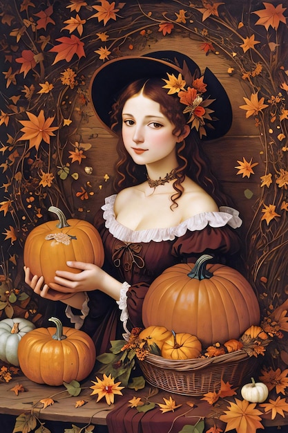 Ilustración otoñal de estilo renacentista de la bruja con calabazas