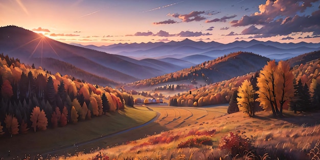 Ilustración de otoño de campos, montañas y amanecer. Fondo de pantalla