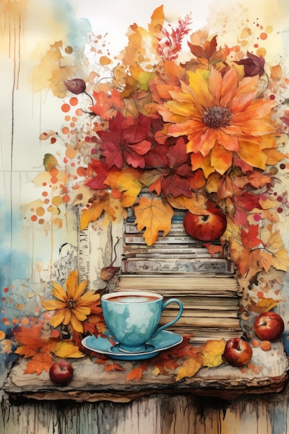 Ilustración de otoño con flores y taza de té