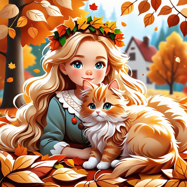 Ilustración de otoño Niña y gato entre hojas amarillas