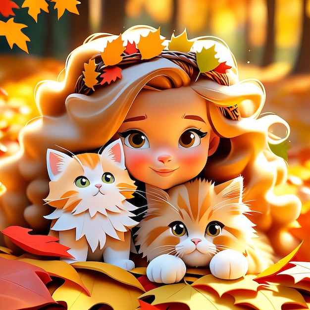 Ilustración de otoño Niña y gato entre hojas amarillas