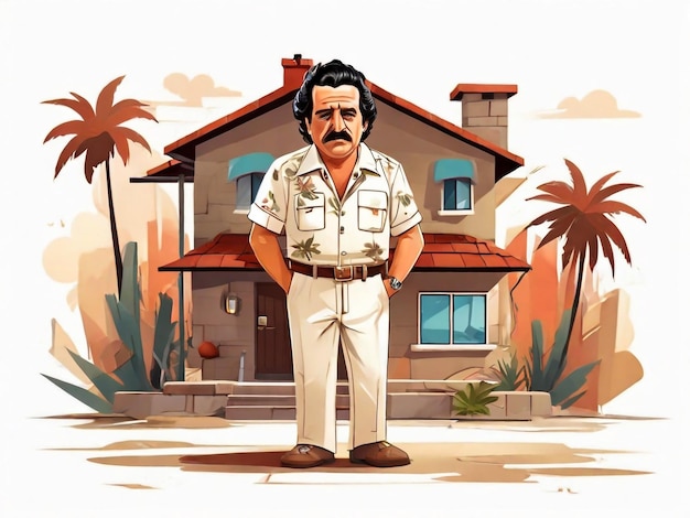 Ilustración de Pablo Emilio Escobar con casa Abstract Cartoon Art cuerpo completo texturas y detalles extremos 64K fondo blanco personaje posa