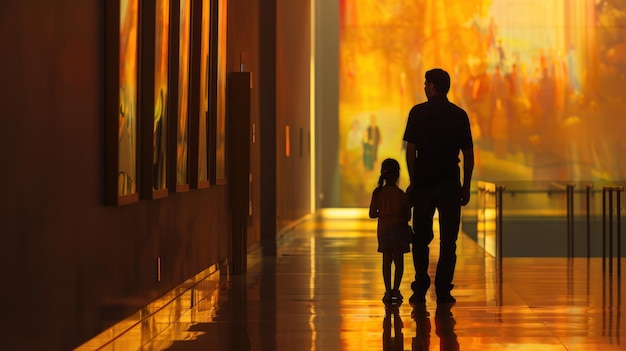 Ilustración de padre e hijo visitando un museo generada por Ai