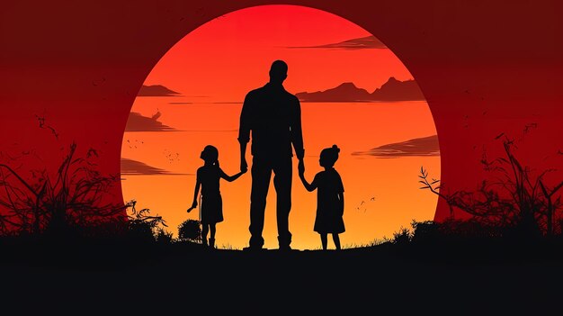 Foto ilustración de un padre, hijos y esposa contra un telón de fondo de puesta de sol