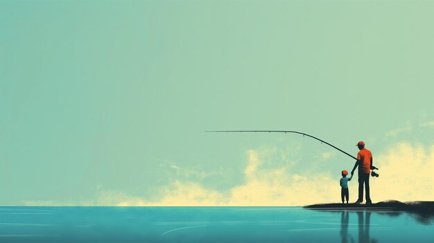 Ilustración de un padre y niños pescando cañas sobre un fondo azul sereno pescando al aire libre