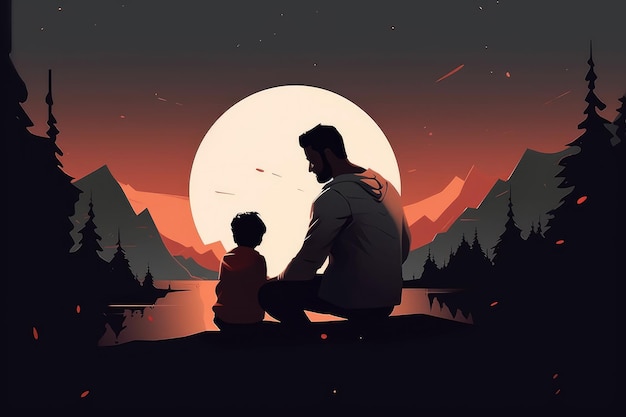 Ilustración de un padre parado junto a su hijo tomados de la mano frente a la imagen de celebración del Día del Padre al atardecer