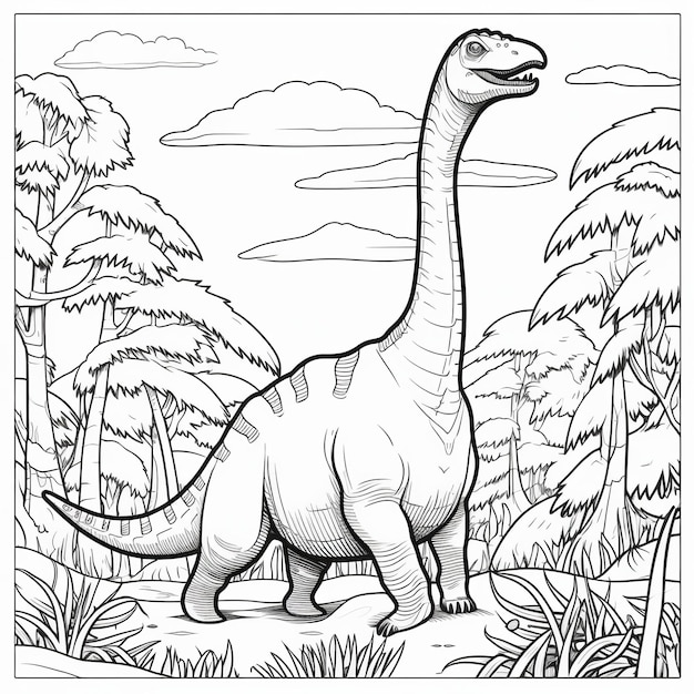 Ilustración de página de colorear en blanco y negro para niños Brachiosaurus, Generative ai