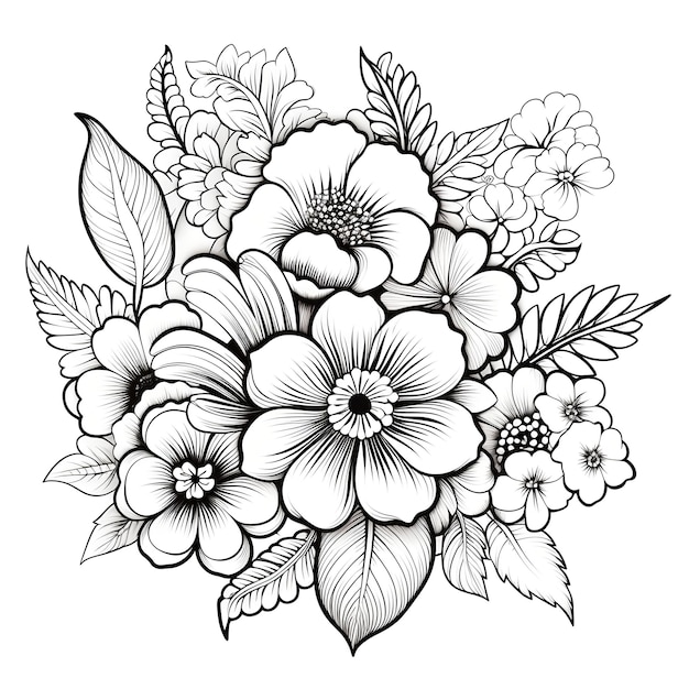 Foto ilustración de página de colorear flores para niños y niños fondo blanco