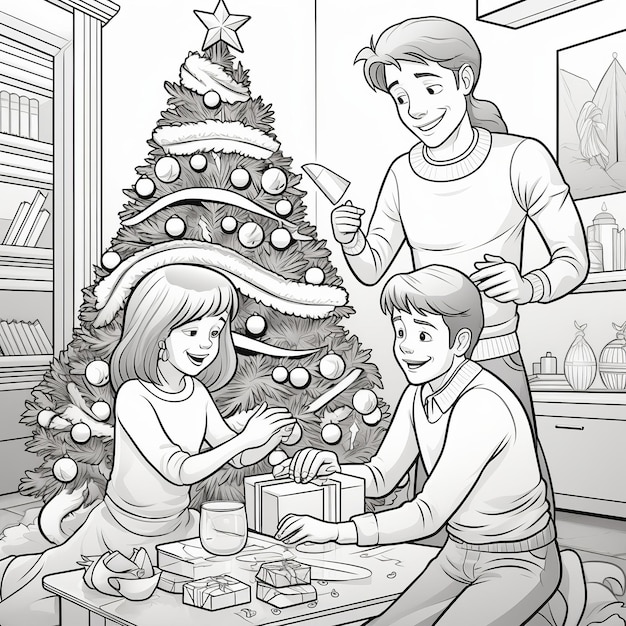 Foto ilustración de una página para colorear de navidad para niños una decoración familiar