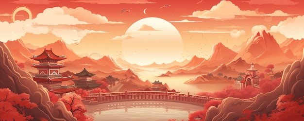 Ilustración para la página de inicio del sitio web en colores pastel Paisaje chino naturaleza Generative Ai
