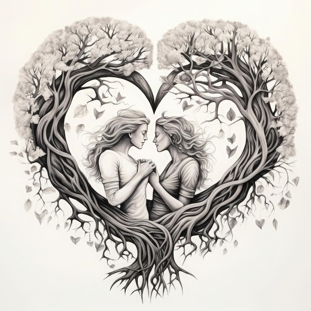 Ilustración de la página del libro para colorear de la pareja con el corazón formando a través de las ramas de las hojas