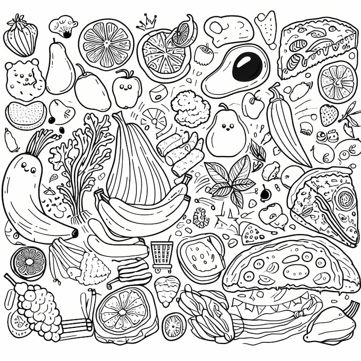 Foto ilustración de páginas para colorear dibujadas a mano con frutas y verduras