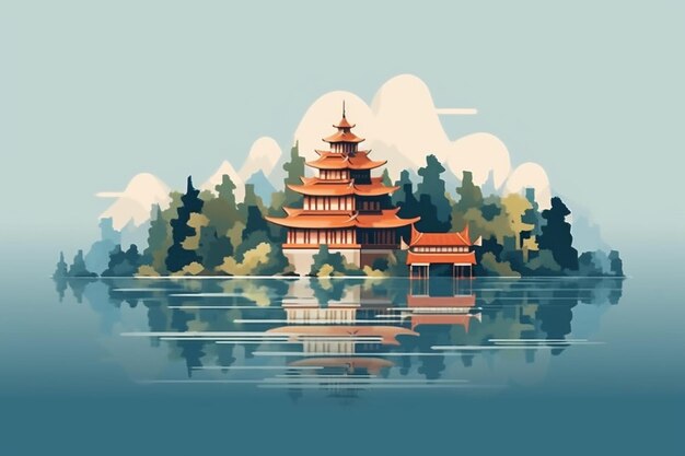 Ilustración de una pagoda china en un lago con árboles y nubes ai generativo
