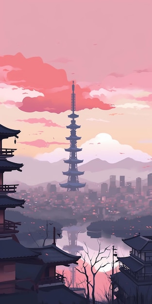Ilustración de una pagoda en una ciudad con un lago y montañas en el fondo ai generativo
