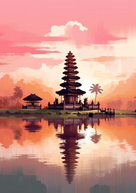 Ilustración de una pagoda en un lago con personas caminando a su alrededor