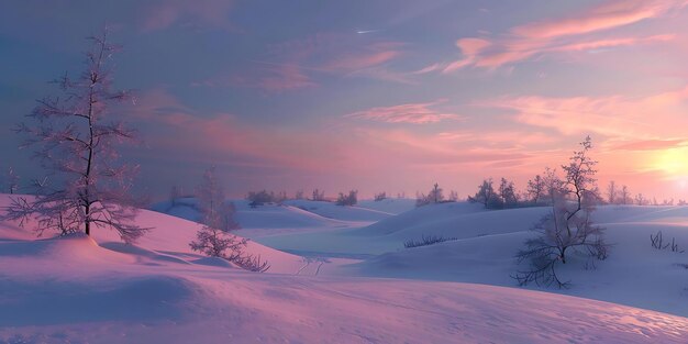 Ilustración del País de las Maravillas de Invierno Paisaje nevado con cielo rosado al atardecer