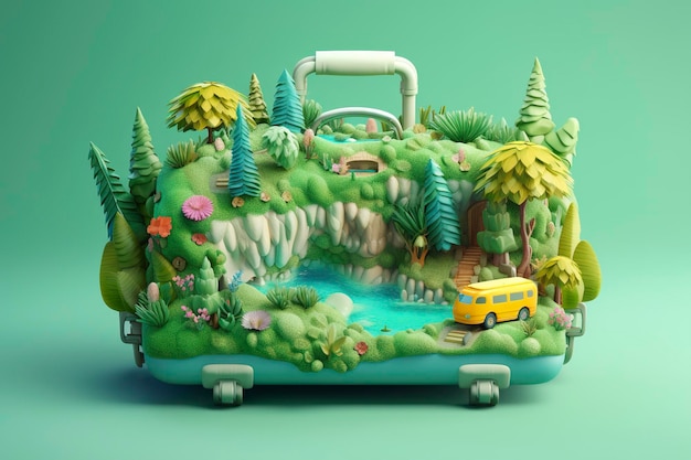 Ilustración de paisaje 3D surrealista de un río forestal con equipaje en verde claro y azul claro AI generativo