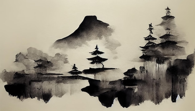 Ilustración de paisaje abstracto oriental Estilo de pintura de lavado de acuarela japonesa Ilustración 3D