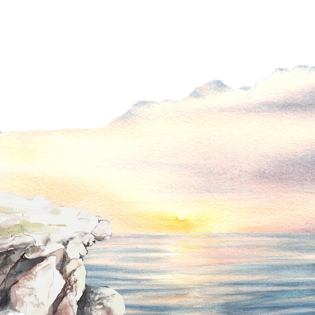 Ilustración de paisaje de acuarela Atardecer de fondo dibujado a mano en el mar y muelle de piedra