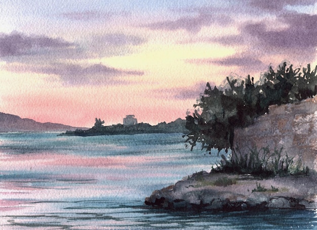 Ilustración de paisaje de acuarela Fondo dibujado a mano puesta de sol en el mar Croacia