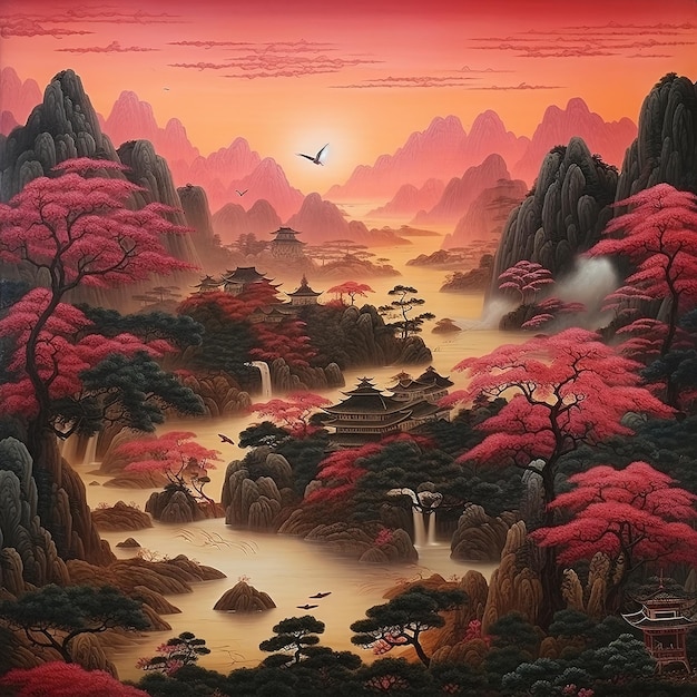 Ilustración de paisaje asiático