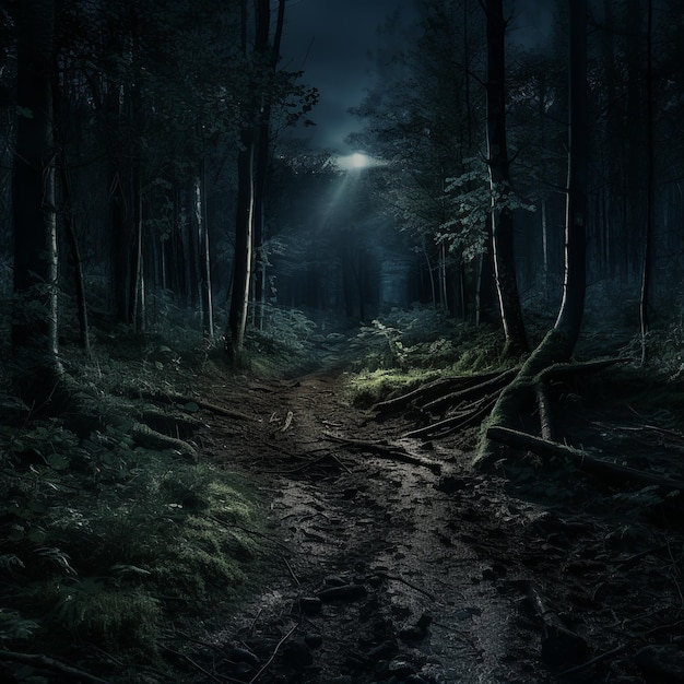 Ilustración del paisaje de bosque oscuro en la noche enfoque nítido intrincado