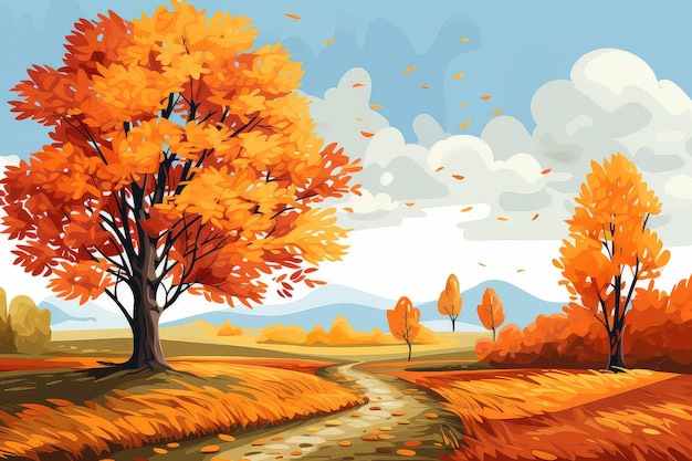 Ilustración de paisaje de bosque de otoño con árboles amarillos