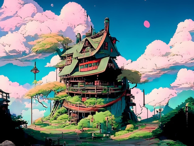 ilustración de paisaje de casa de fantasía