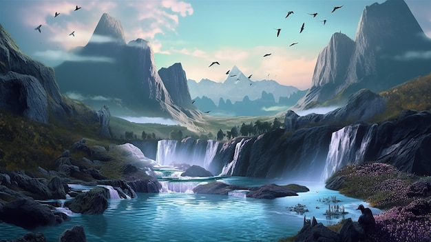 Ilustración de paisaje con cascada bosque montañas pájaros voladores