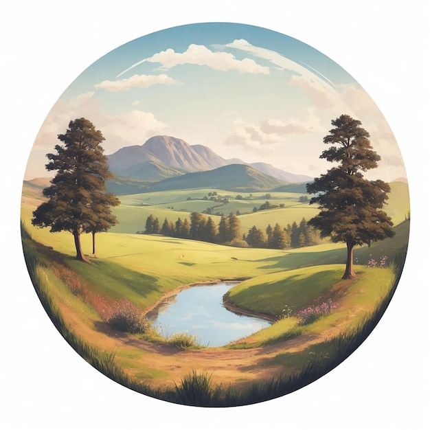 Ilustración de un paisaje en un círculo