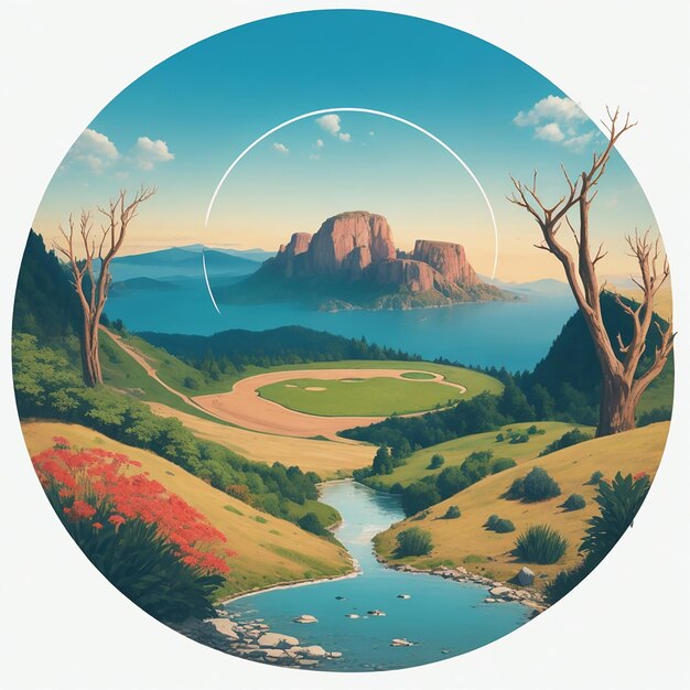 Ilustración de un paisaje en un círculo