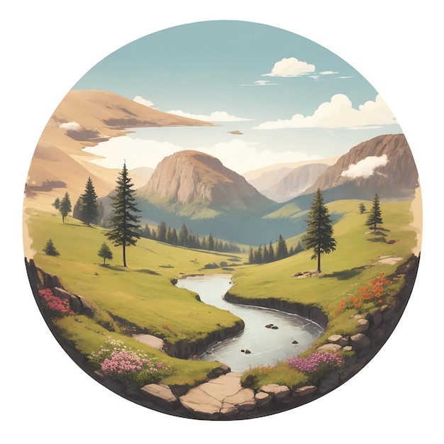 Ilustración de un paisaje en un círculo