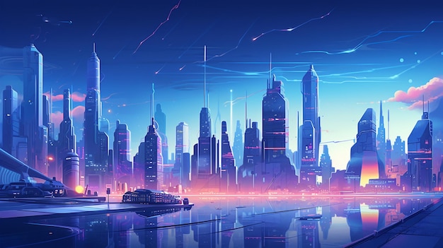 Una ilustración de un paisaje de ciudad de metrópolis futurista con fondo de colores de neón