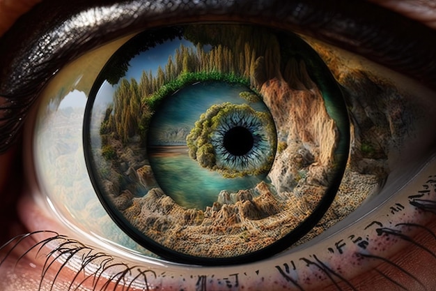 Ilustración de paisaje dentro de un fondo de ojo IA generativa