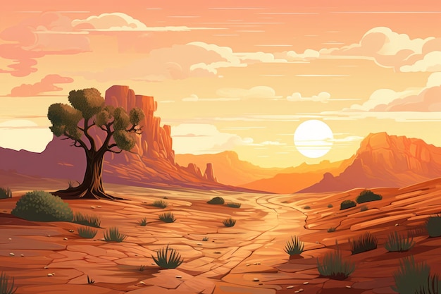 una ilustración de un paisaje desértico al atardecer