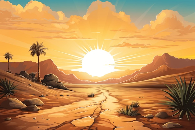 una ilustración de un paisaje desértico al atardecer