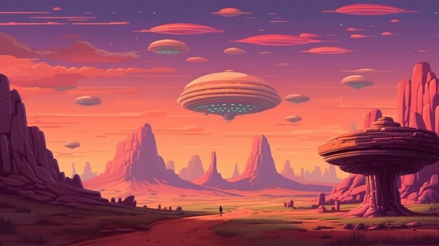 Ilustración de un paisaje desértico con una nave espacial volando sobre él ai generativo