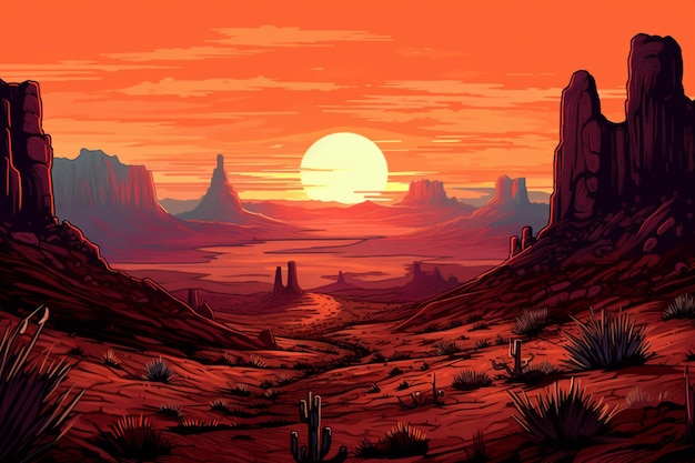 Ilustración de un paisaje desértico con una puesta de sol en el fondo ai generativo