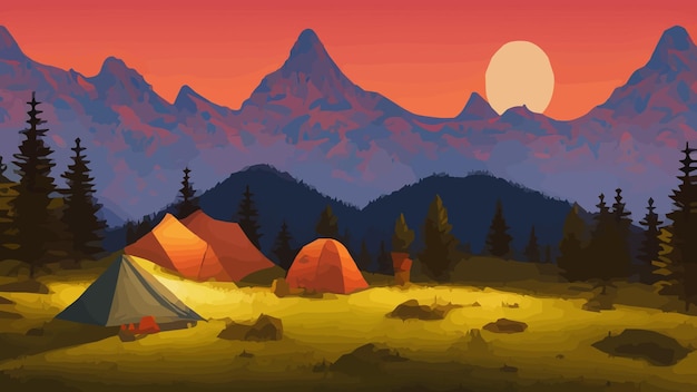 Ilustración de paisaje de día soleado en estilo plano con montañas de fogata de carpa