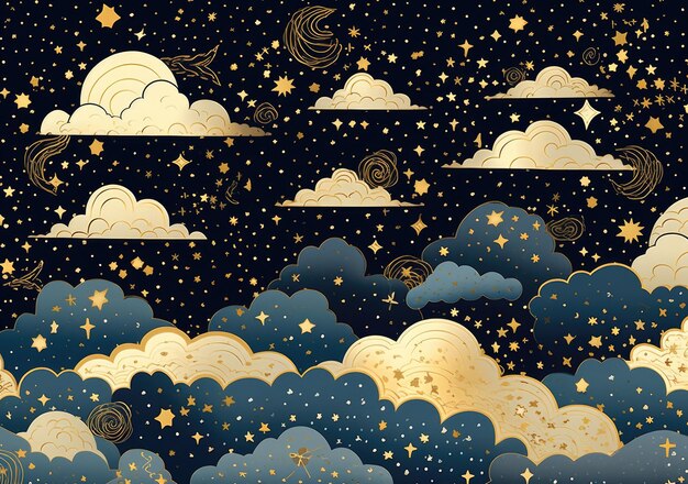 Foto ilustración de un paisaje de ensueño detallado en gris oscuro y beige cielo constelaciones nubes hermoso cielo estrellado ia generativa